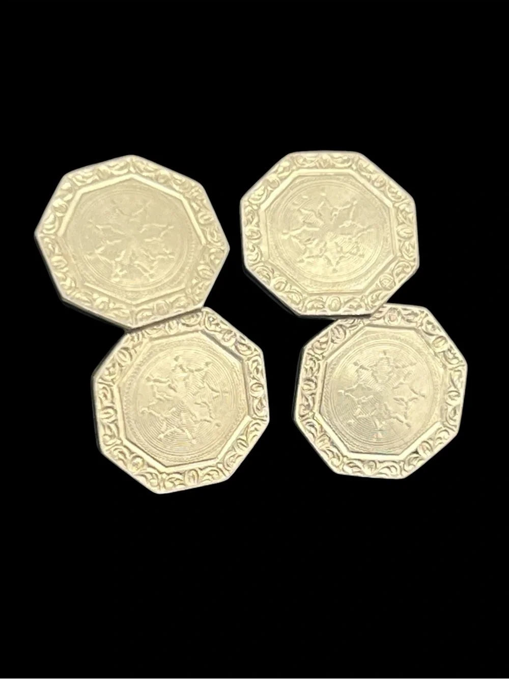 Belais 14k White Gold Front Etched Cuff links Art Deco flower snowflake design